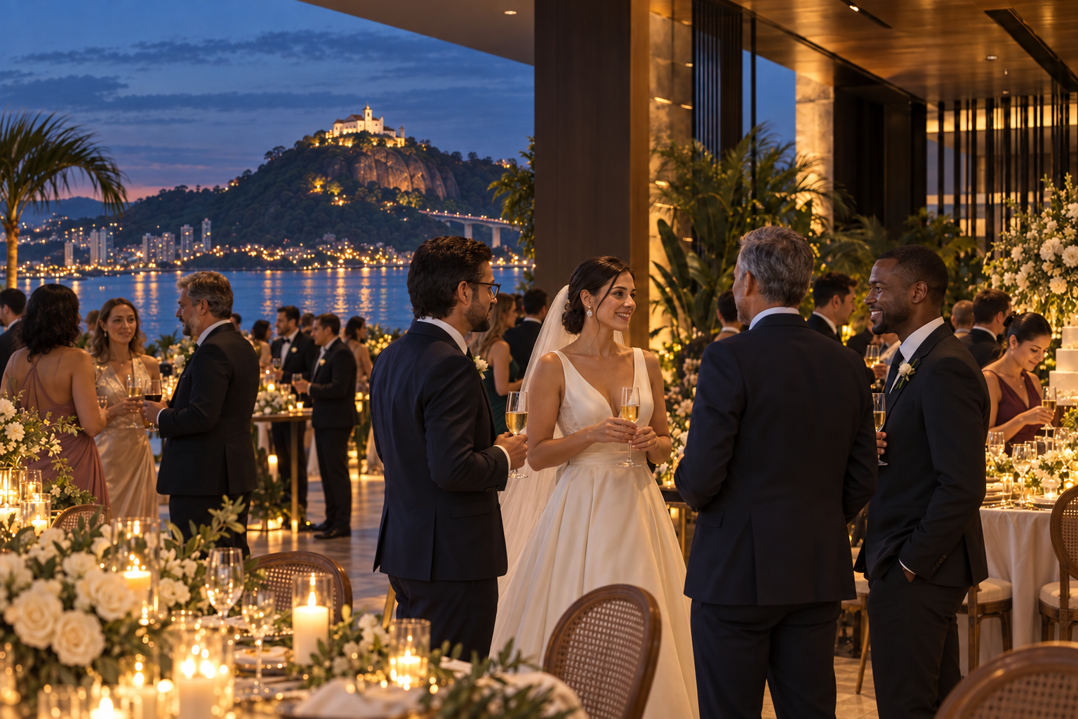 Recepção elegante de casamento com convidados e iluminação acolhedora