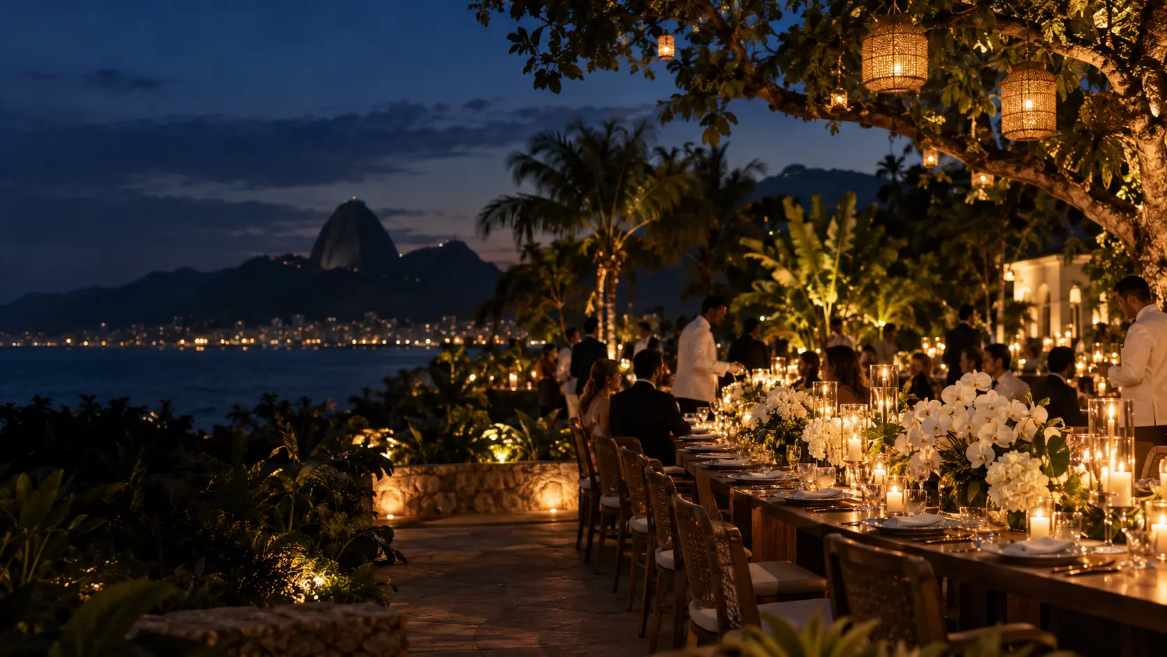 Celebração elegante ao entardecer, com mesa posta, flores e iluminação acolhedora